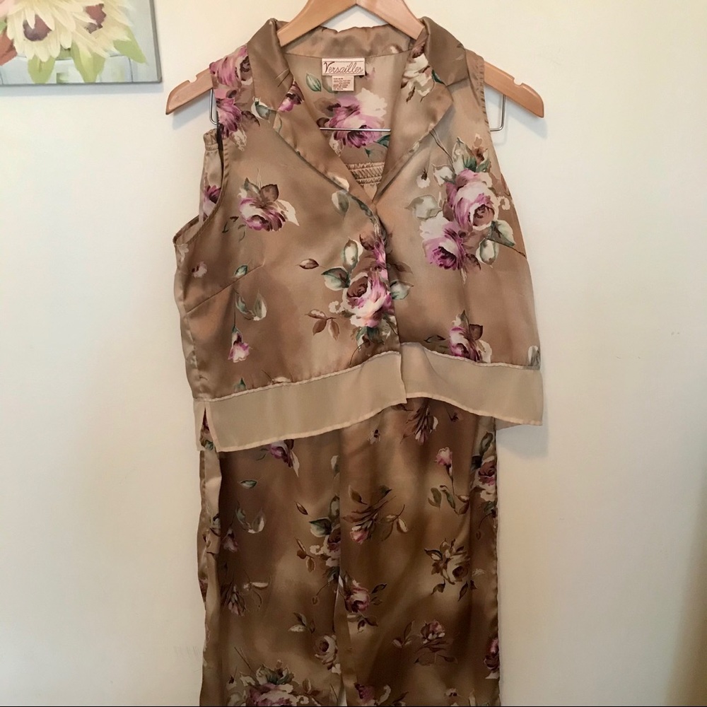 Versailles Vintage Floral Satin Pajama Set - Sleeveless Top & Pants